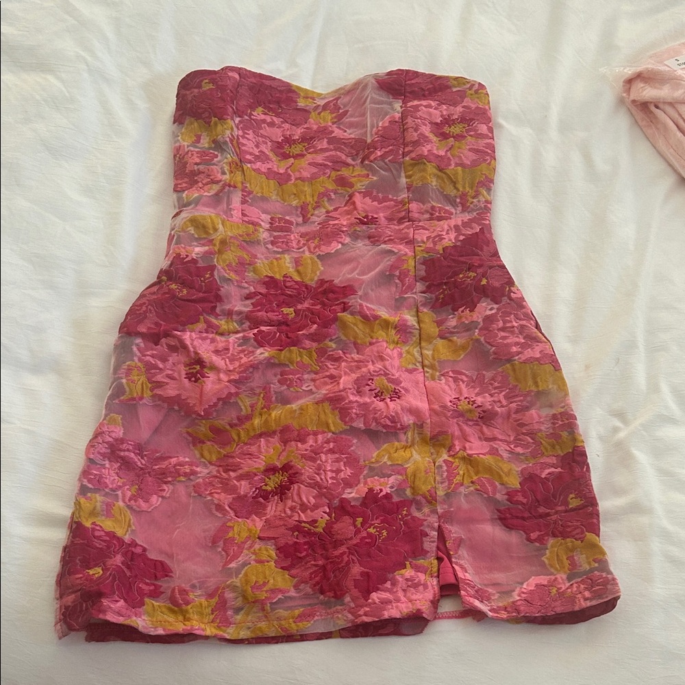 Floral Strapless Dress - Pink and Yellow